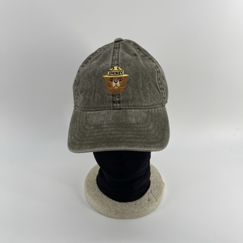 Smokey Bear Vintage-Style Distressed Cap – Olive Gray Embroidered Logo